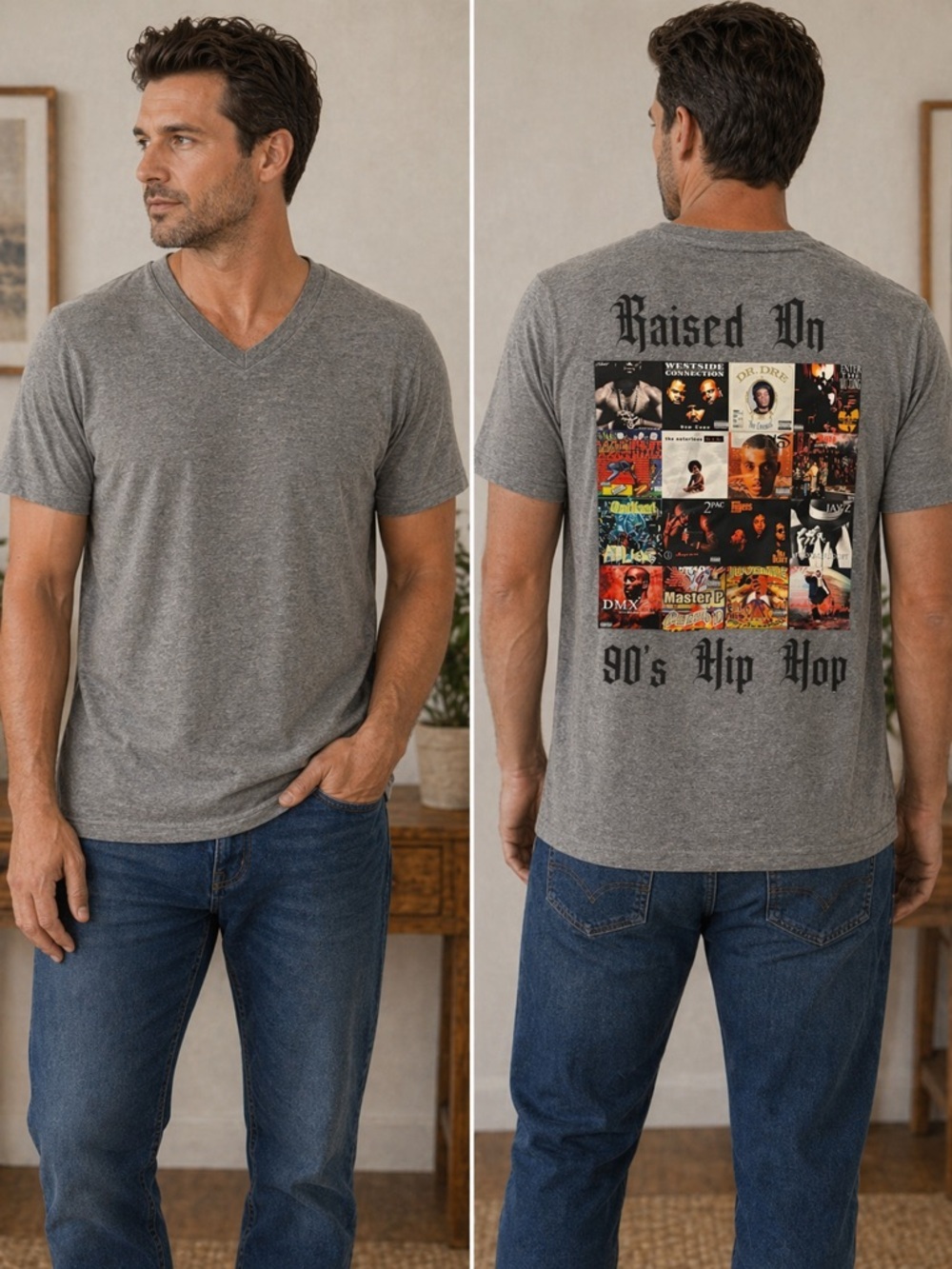 Raised On 90's Hip Hop Graphic Tee - Gray LARGE